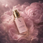 Pink perfume bottle labeled 'inspire' nestled among pink peony petals on a soft, dreamy background.