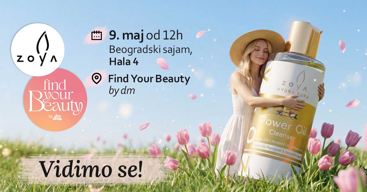 Promo banner for Find Your Beauty by dm event on May 9 at 12:00, Belgrade Fair Hall 4, with a large bottle and two logos; 'Vidimo se!' message included.