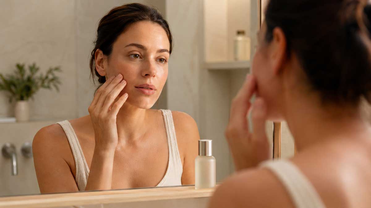 Woman applying skincare in a bathroom, looking at her reflection in the mirror with a bottle of product on the counter beside her.