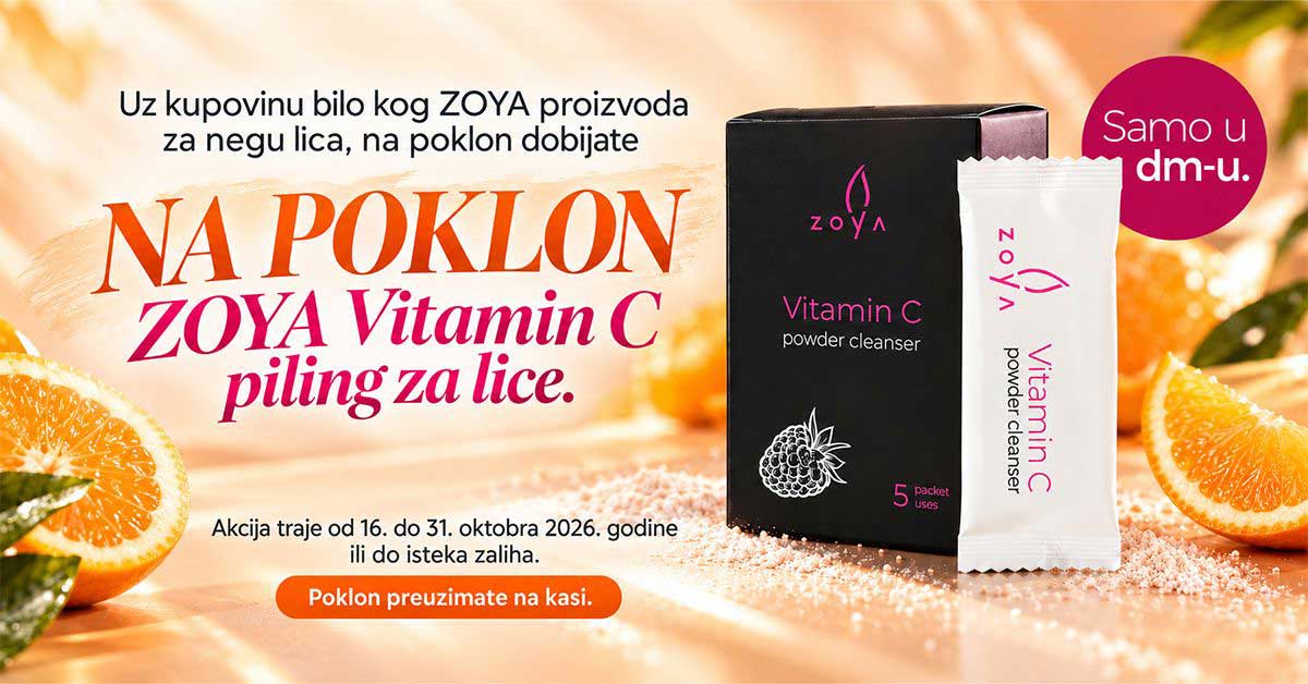 Promotional banner for Zoya Vitamin C powder cleanser offering a gift with purchase; orange-themed background and product packaging.