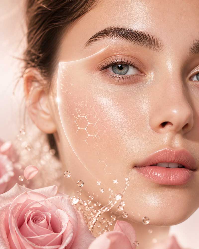očuvana zaštitna barijera kože ► Herbalia Close-up of a woman’s face with a translucent facial patch on her cheek and pink roses in the foreground.